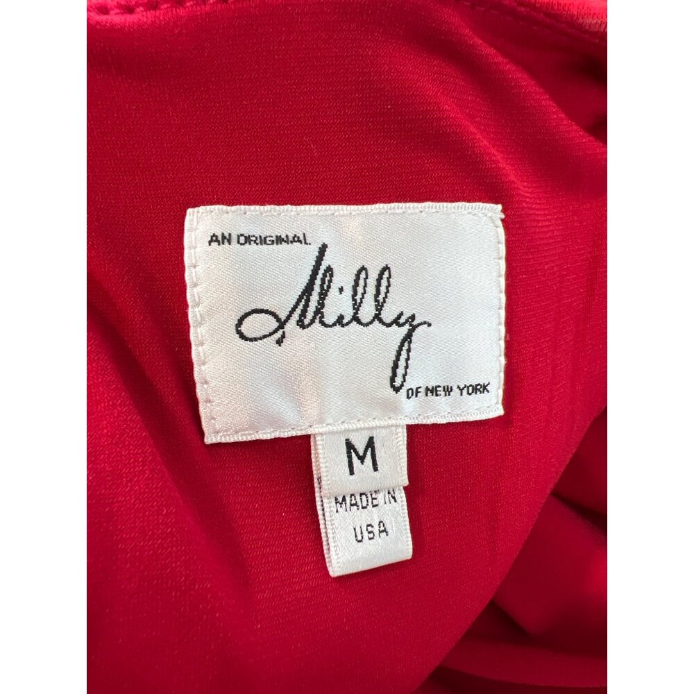 Milly Short Puff Sleeve Sheath Dress Size Medium Red Viscose Blend Career Office - Picture 3 of 7